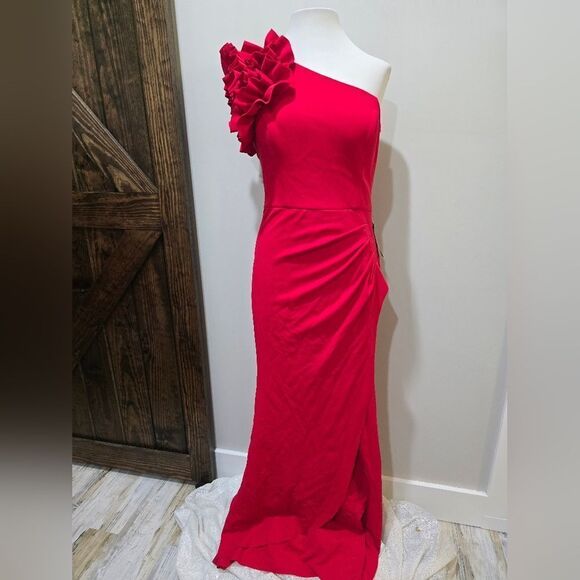 Xscape "Ivy" One Shoulder Ruffle Scuba Crepe Dress NWT Size 10 Red - Picture 3 of 6